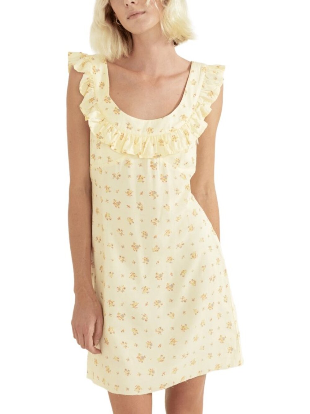 New Tags Rhythm Dahlia Off Shoulder Floral Light Yellow Mini Dress, size S